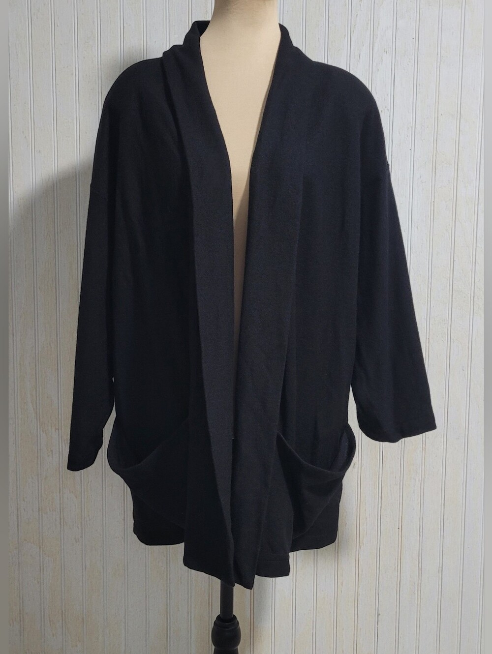 ​Vintage Eileen Fisher Woman 100% Wool Open Front Boxy Cardigan Jacket Black 1X